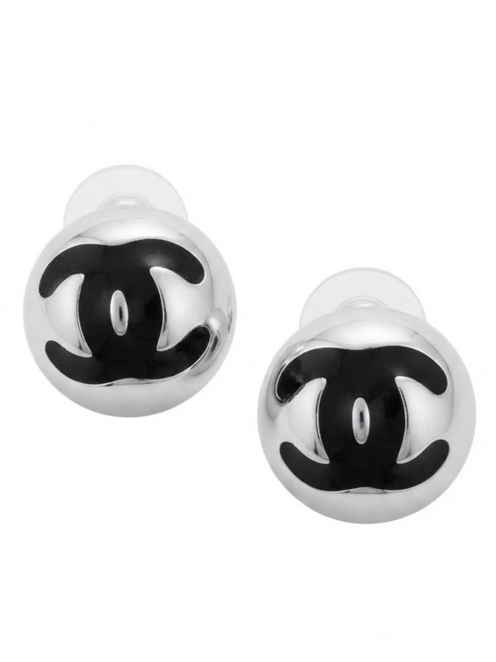 Black and Silver Tone Letter C Dome Stud Earrings